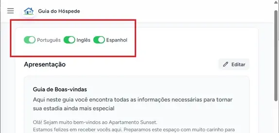 Barra de ativação de idiomas no ecrã de edição do guia