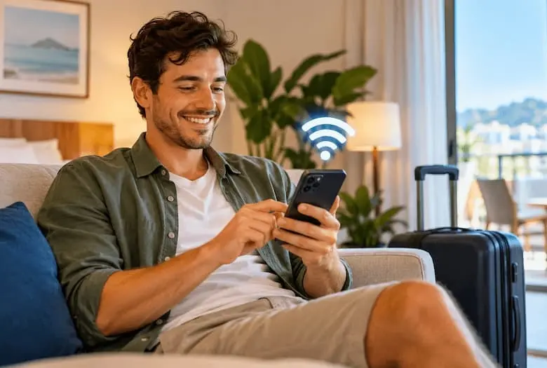 Hóspedes confusos a olhar para o telemóvel durante o check-in