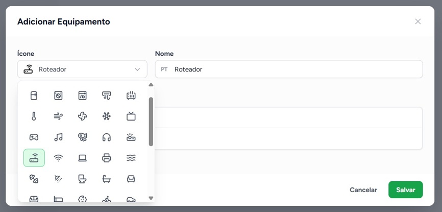 Secção de Equipamentos no editor do Guia do Hóspede, com um item configurado