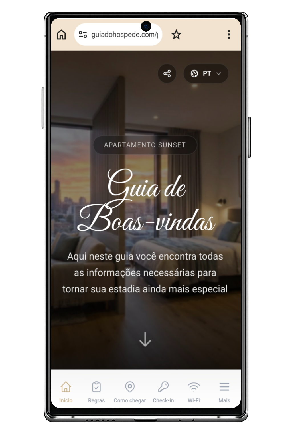 Exemplo de guia digital de boas-vindas criado na plataforma Guia do Hóspede, com secções que respondem a todas as dúvidas dos hóspedes