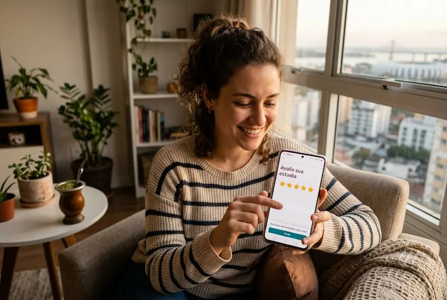 Hóspede a sorrir enquanto avalia a estadia com 5 estrelas no smartphone