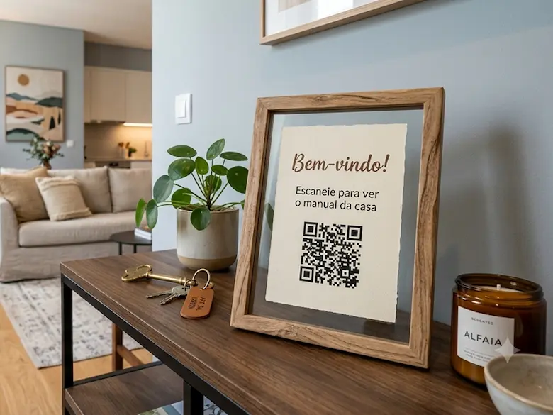 Código QR fixado ao lado de um eletrodoméstico, pronto para ser lido pelo hóspede